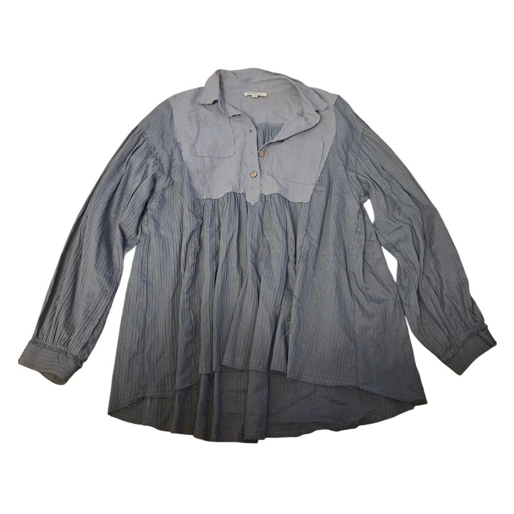 Listicle Gray Mixed‎ Media Collared Blouse Pintuck Gathered Bodice Long Sleeve